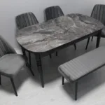 AHU SİYAH MERMER DESEN MASA VE SANDALYE BENCH TAKIM